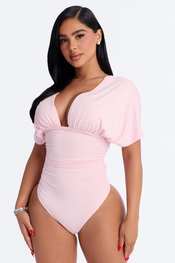 Sophie Ruched Short Sleeve V-Neck Bodysuit - Pink