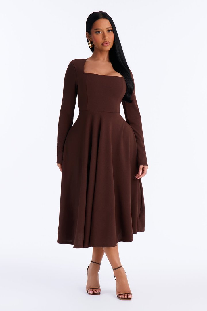 Alena Long Sleeve Midi Dress - Chocolate