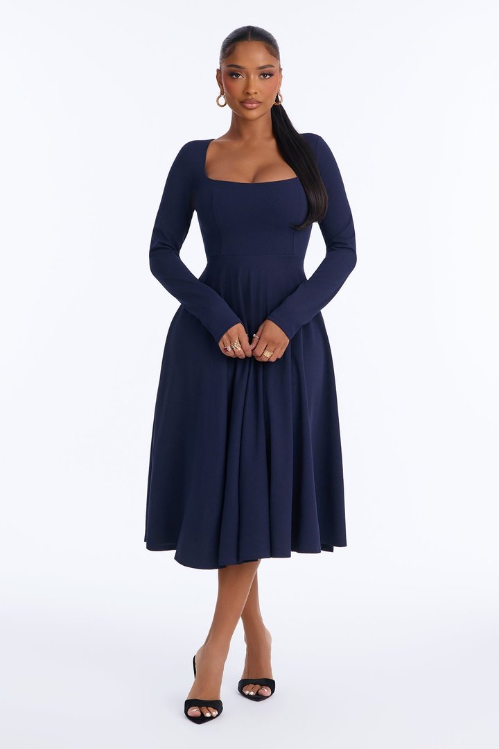 Alena Long Sleeve Midi Dress - Navy