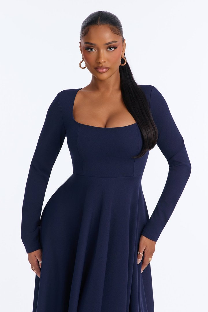 Alena Long Sleeve Midi Dress - Navy