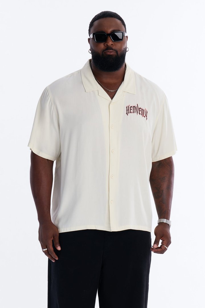 Heavenly Mindset Relaxed Cuban Collar Button Up Shirt - Cream/combo