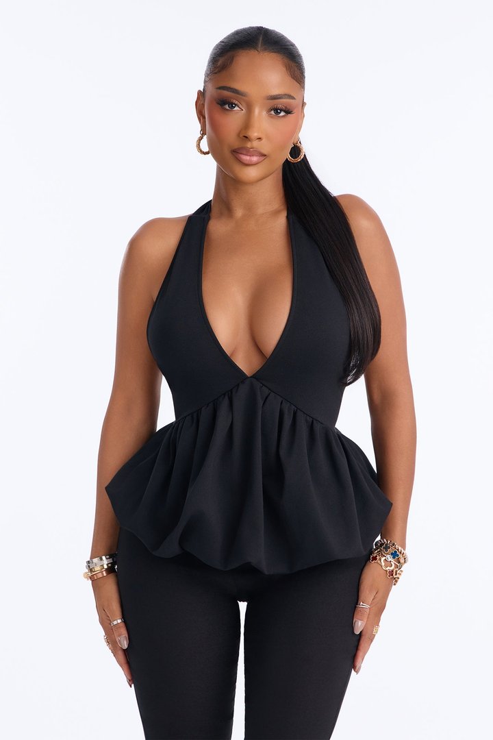 Girl Brunch Bubble Hem Halter Top - Black