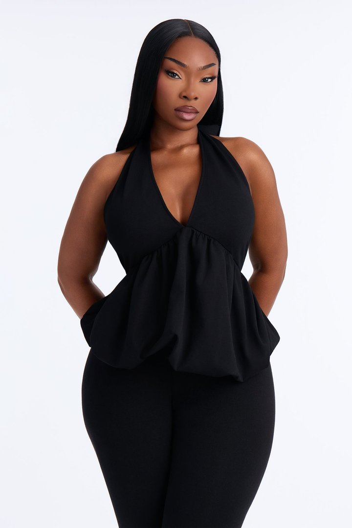Girl Brunch Bubble Hem Halter Top - Black