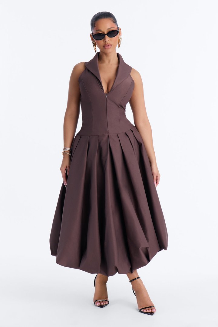 Liliana Bubble Maxi Dress - Brown
