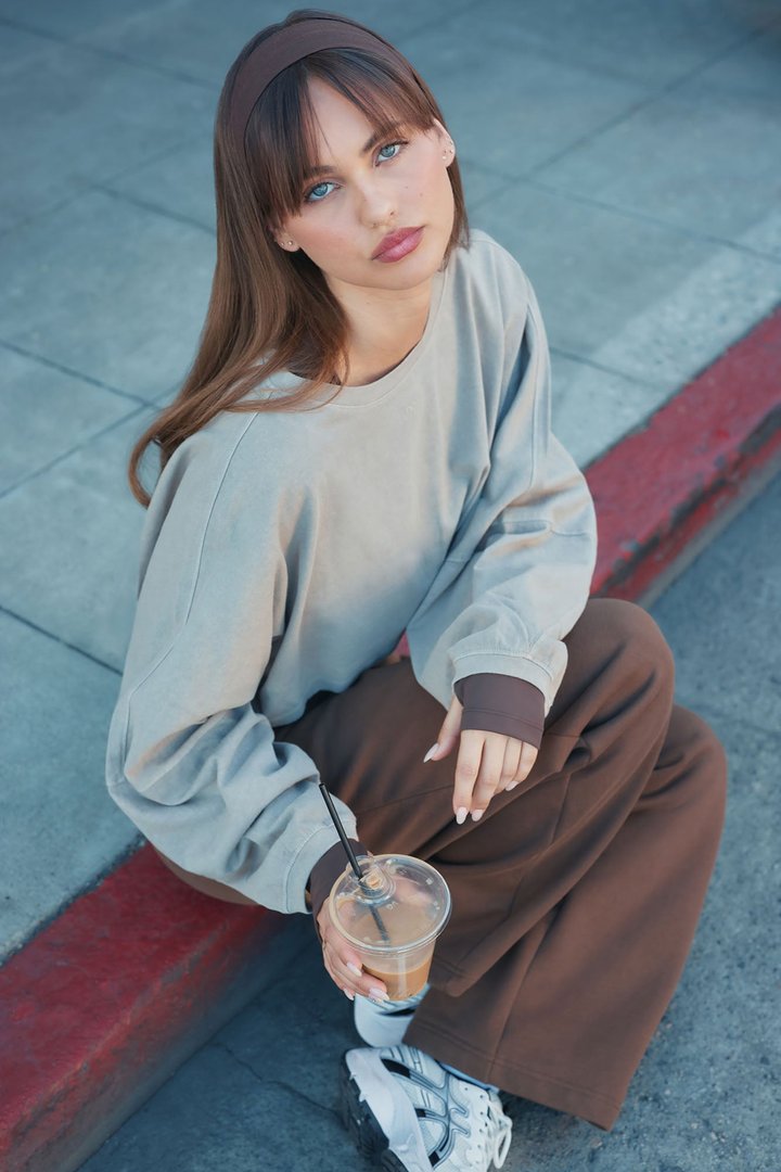 Cotton Jersey Long Sleeve Cropped Top - Taupe