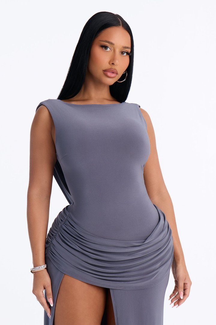 Stay Late Draped Maxi Dress - Slate Grey
