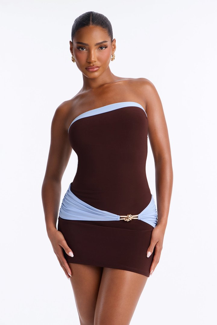 Angelica Contrast Trim Strapless Mini Dress - Brown/combo