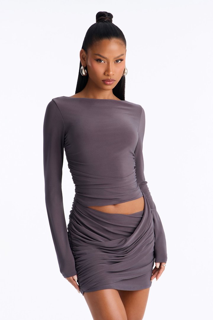 Kiss And Tell Long Sleeve Ruched Mini Dress - Charcoal