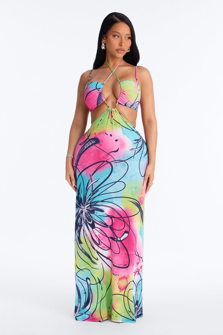Breaking Necks Cut Out Maxi Dress - Blue/combo