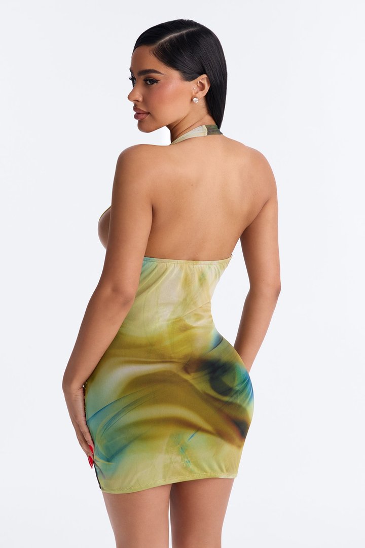 Summer Fling Halter Mesh Mini Dress - Green/combo