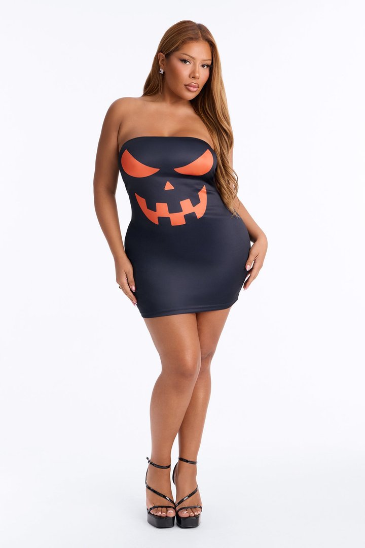 Lady Jacko Lantern Bodycon Mini Dress Halloween Costume - Black/Orange