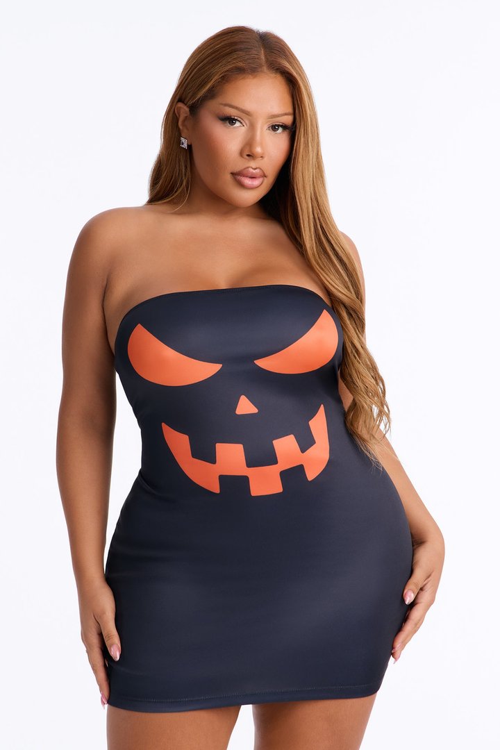 Lady Jacko Lantern Bodycon Mini Dress Halloween Costume - Black/Orange