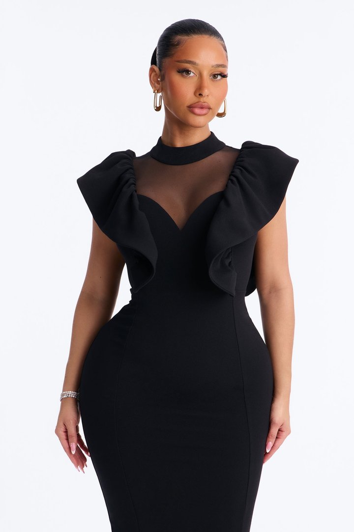 Living Richly Ruffle Midi Dress - Black