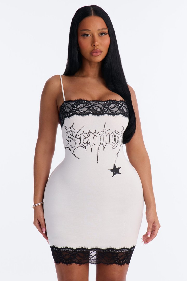 High Status Lace Trim Cotton Mini Dress - White/Black