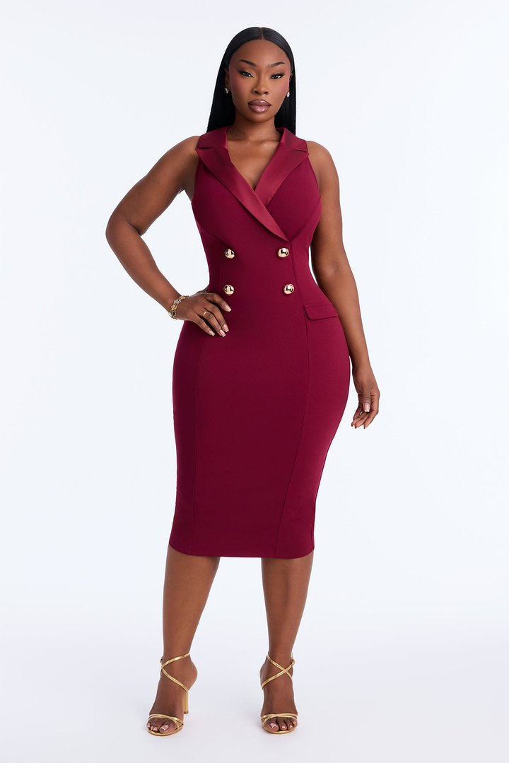 Mackenzie Double Breasted Crepe Knit Midi Dress - Wine