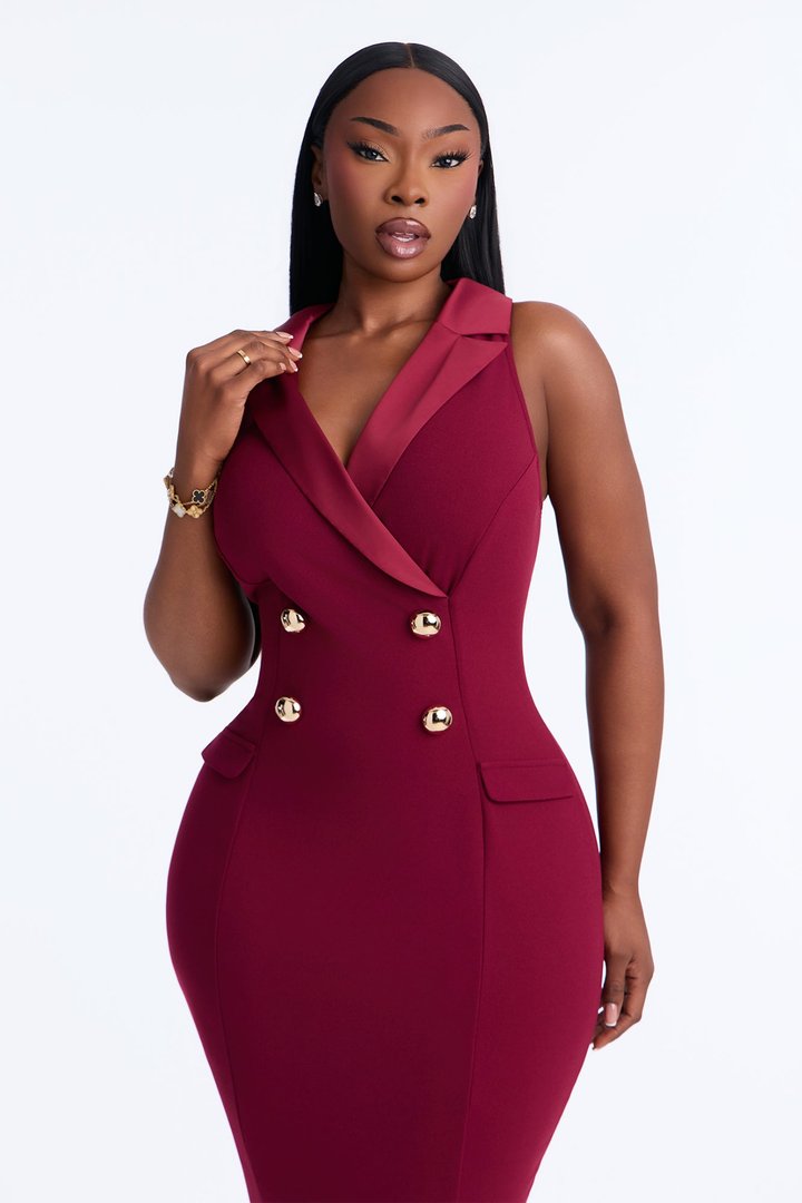 Mackenzie Double Breasted Crepe Knit Midi Dress - Wine