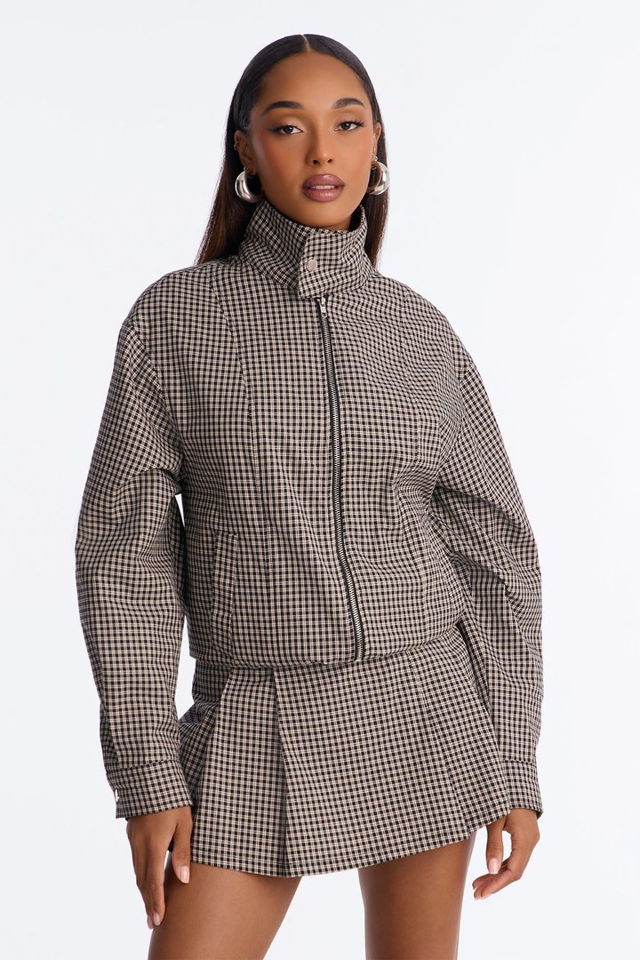 Hannah Gingham Pleated Skort Set - Taupe/combo