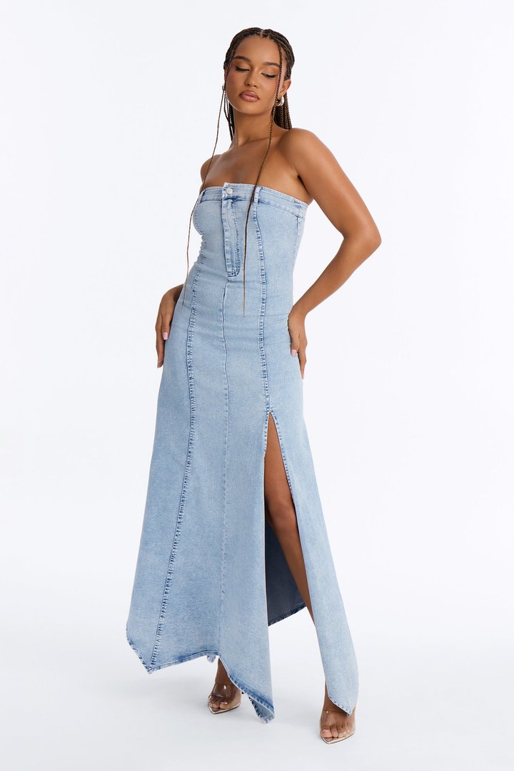 Fashion Killer Strapless Denim Maxi Dress - Acid Wash Blue
