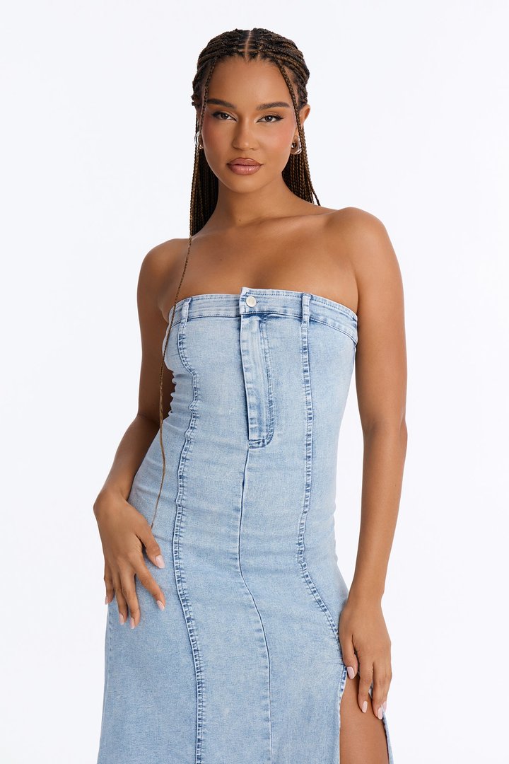 Fashion Killer Strapless Denim Maxi Dress - Acid Wash Blue