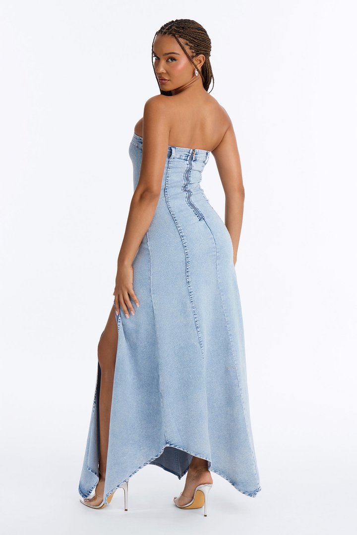 Fashion Killer Strapless Denim Maxi Dress - Acid Wash Blue