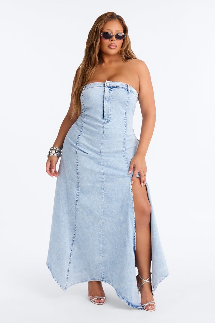 Fashion Killer Strapless Denim Maxi Dress - Acid Wash Blue
