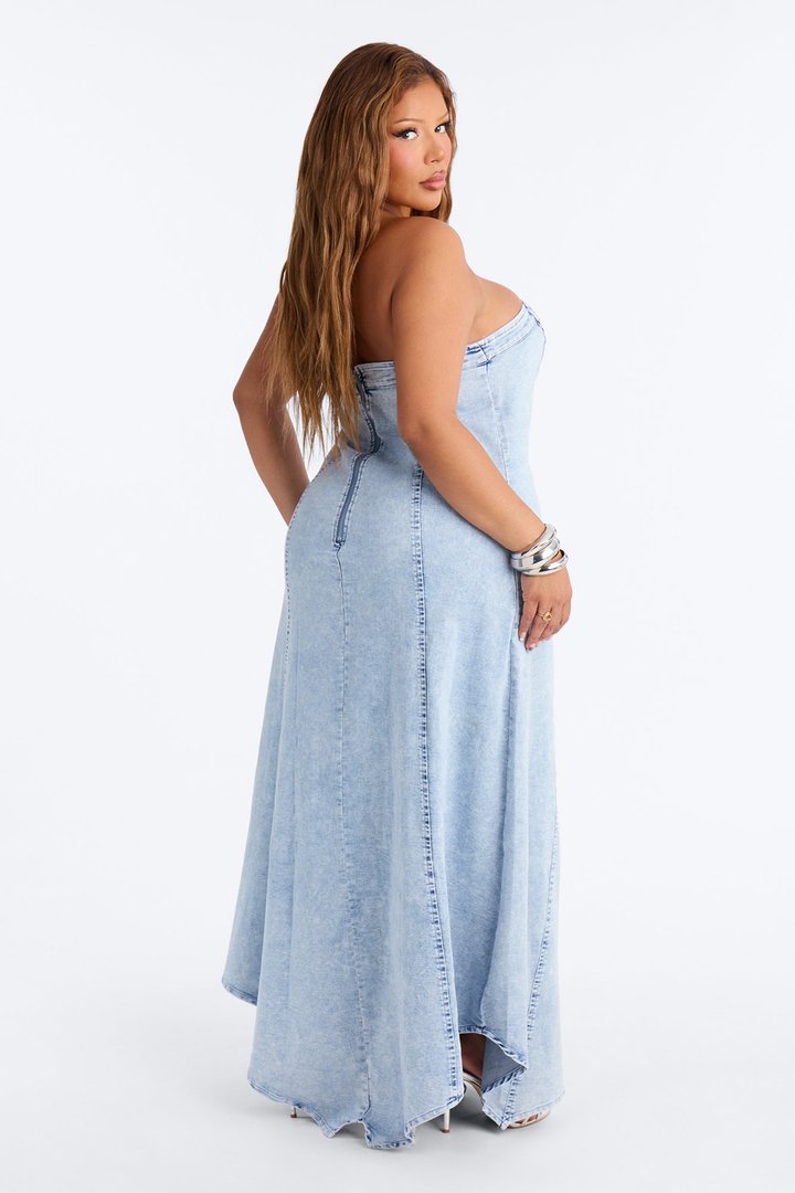 Fashion Killer Strapless Denim Maxi Dress - Acid Wash Blue