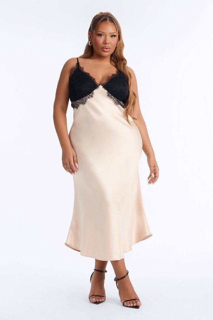 Haislee Lace Satin Midi Dress - Champagne