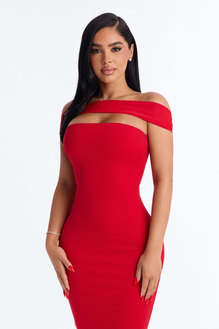 Lilliana Off Shoulder Mesh Snatched Midi Dress - Red