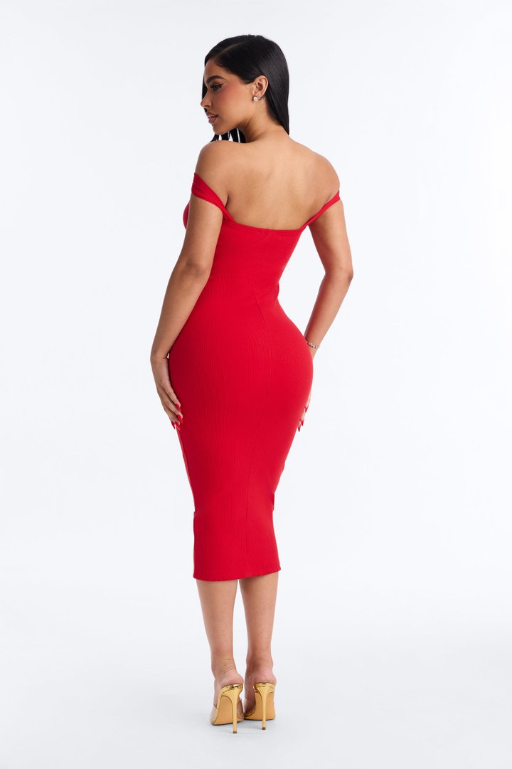 Lilliana Off Shoulder Mesh Snatched Midi Dress - Red