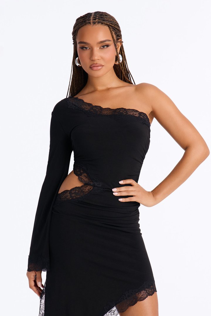 Can't Play Nice Lace Asymmetrical Midi Dress - Black
