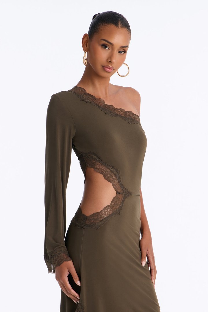 Can't Play Nice Lace Asymmetrical Midi Dress - Olive