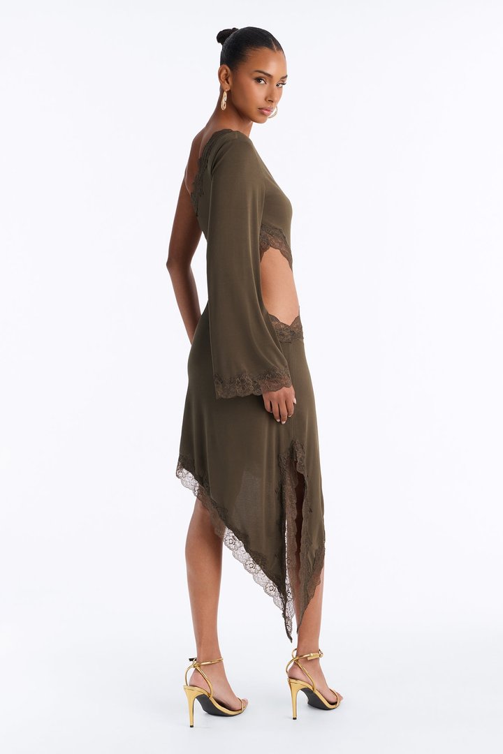 Can't Play Nice Lace Asymmetrical Midi Dress - Olive