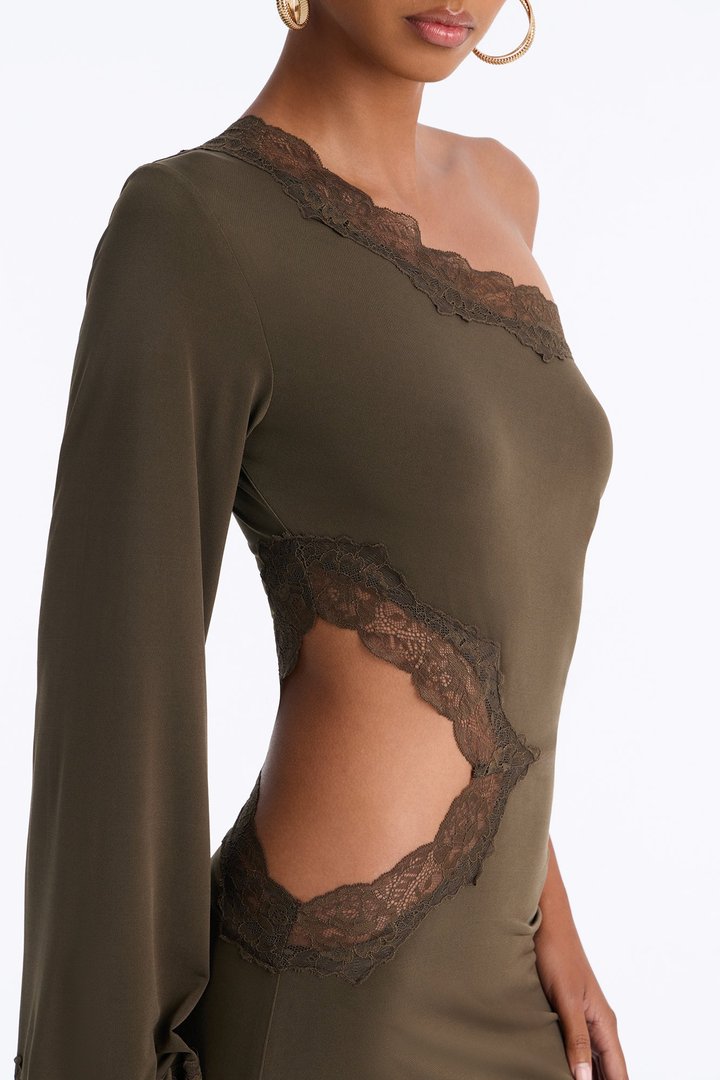 Can't Play Nice Lace Asymmetrical Midi Dress - Olive