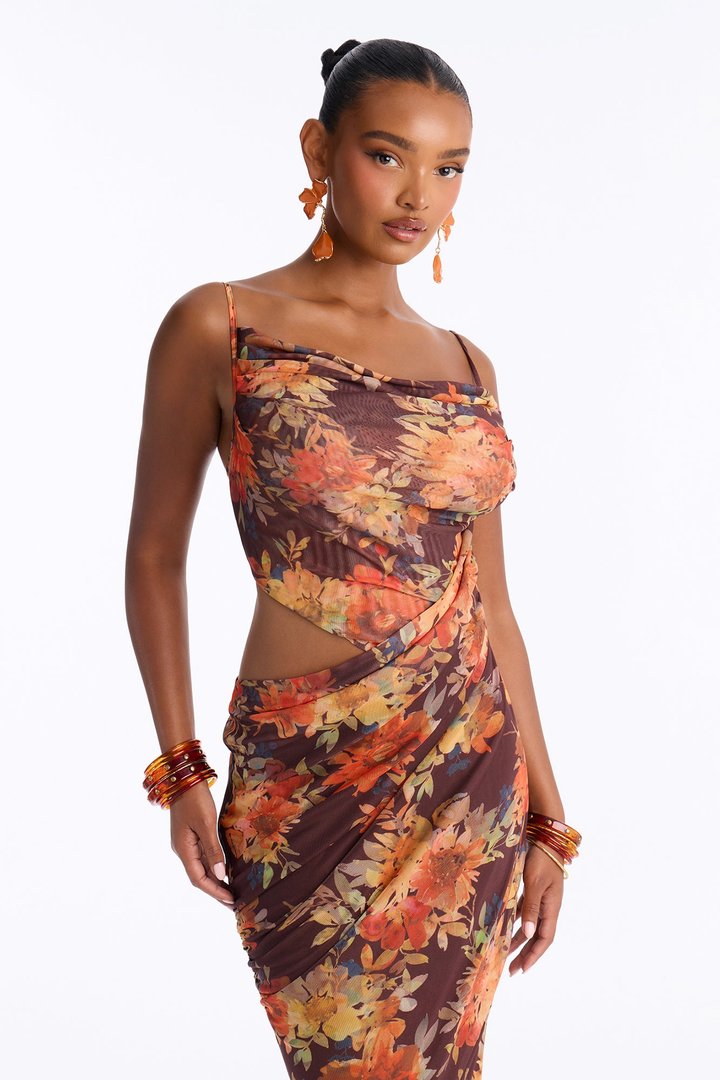 Garden Daydream Cut Out Mesh Maxi Dress - Brown/combo