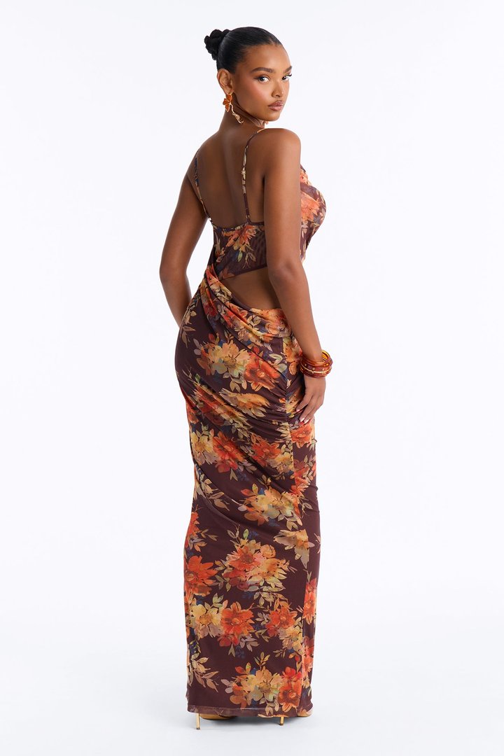 Garden Daydream Cut Out Mesh Maxi Dress - Brown/combo