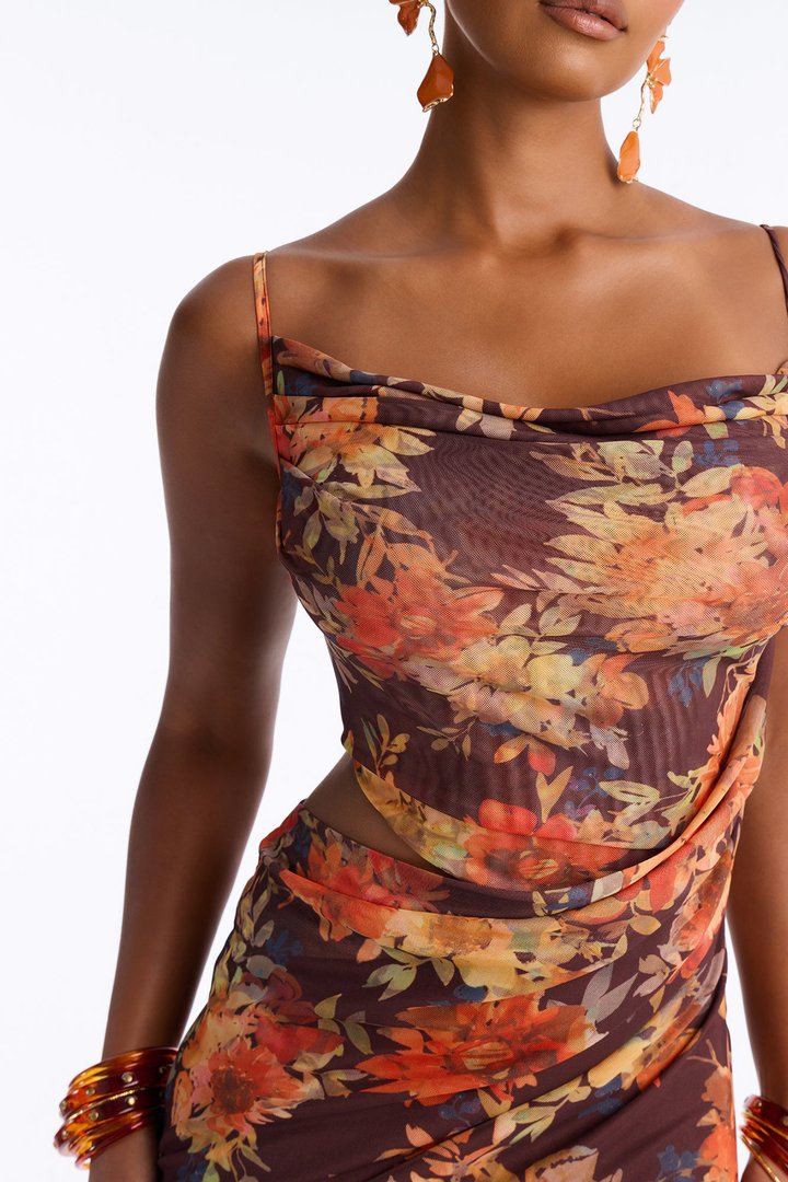 Garden Daydream Cut Out Mesh Maxi Dress - Brown/combo