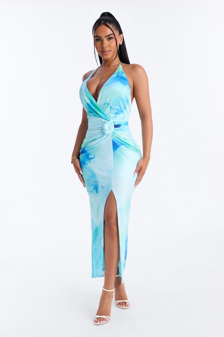 Arlette Halter Floral Midi Dress - Blue
