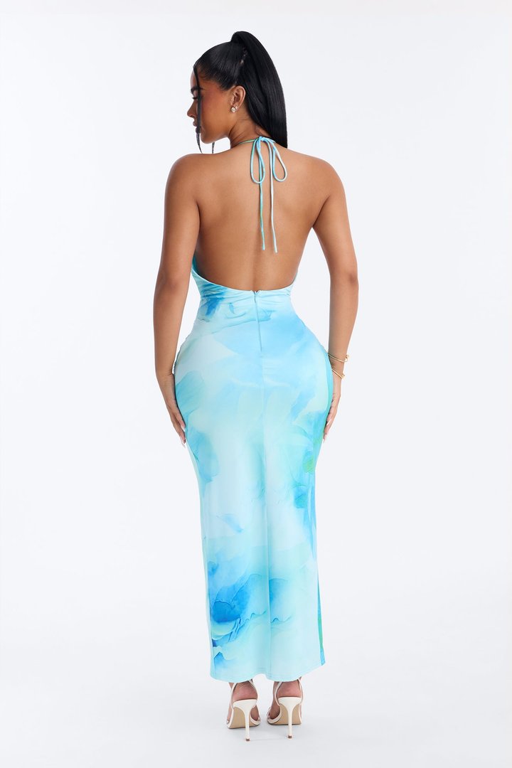 Arlette Halter Floral Midi Dress - Blue