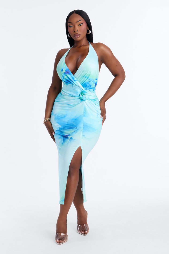 Arlette Halter Floral Midi Dress - Blue