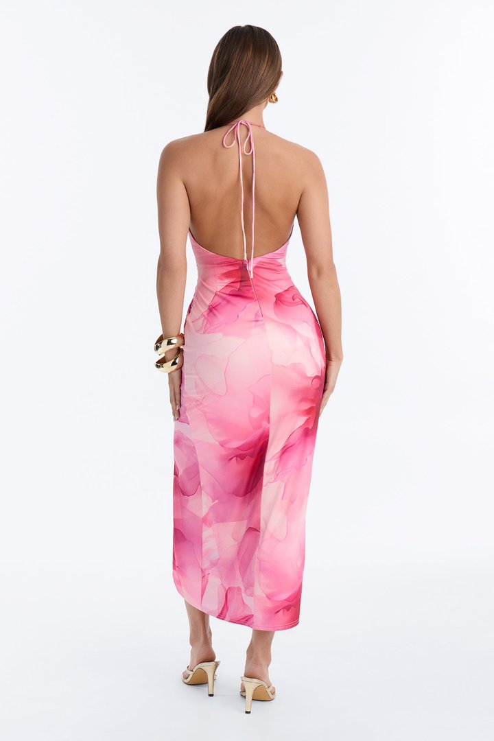 Arlette Halter Floral Midi Dress - Pink