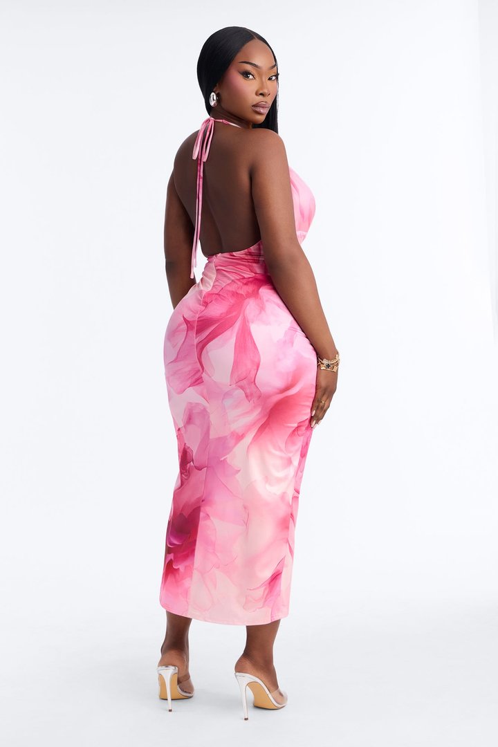 Arlette Halter Floral Midi Dress - Pink