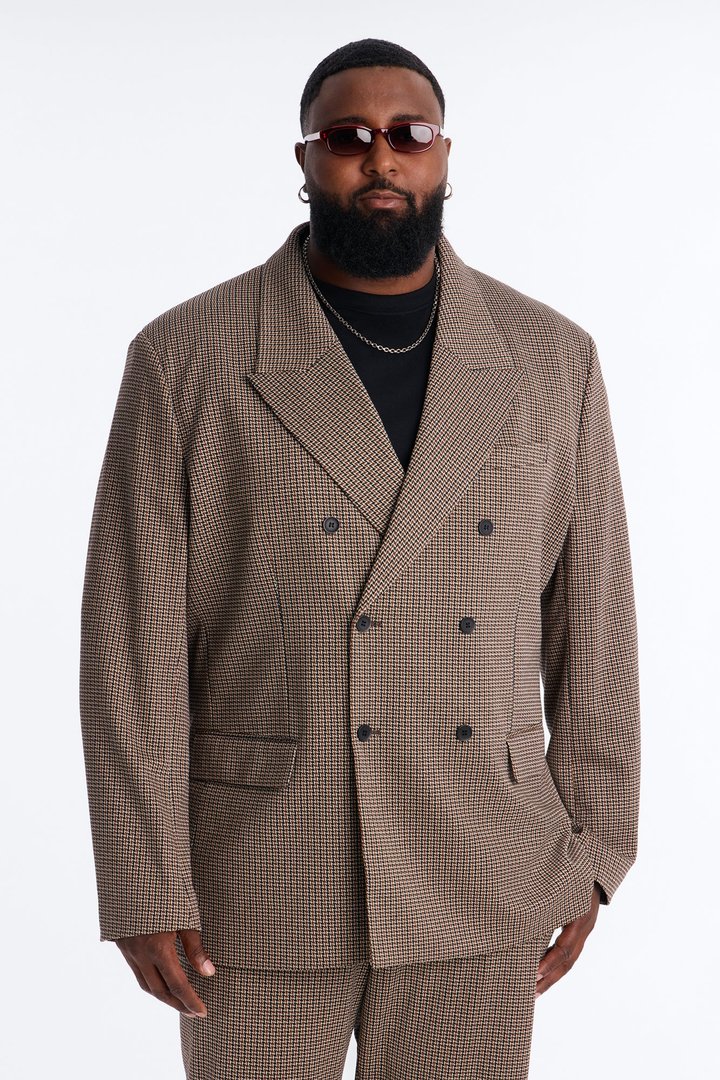 Executive Houndstooth Double Breasted Blazer - Brown