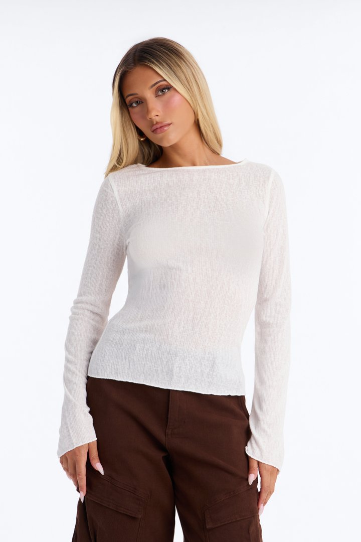 Radiant Ribbed Boat Neck Top - Off White
