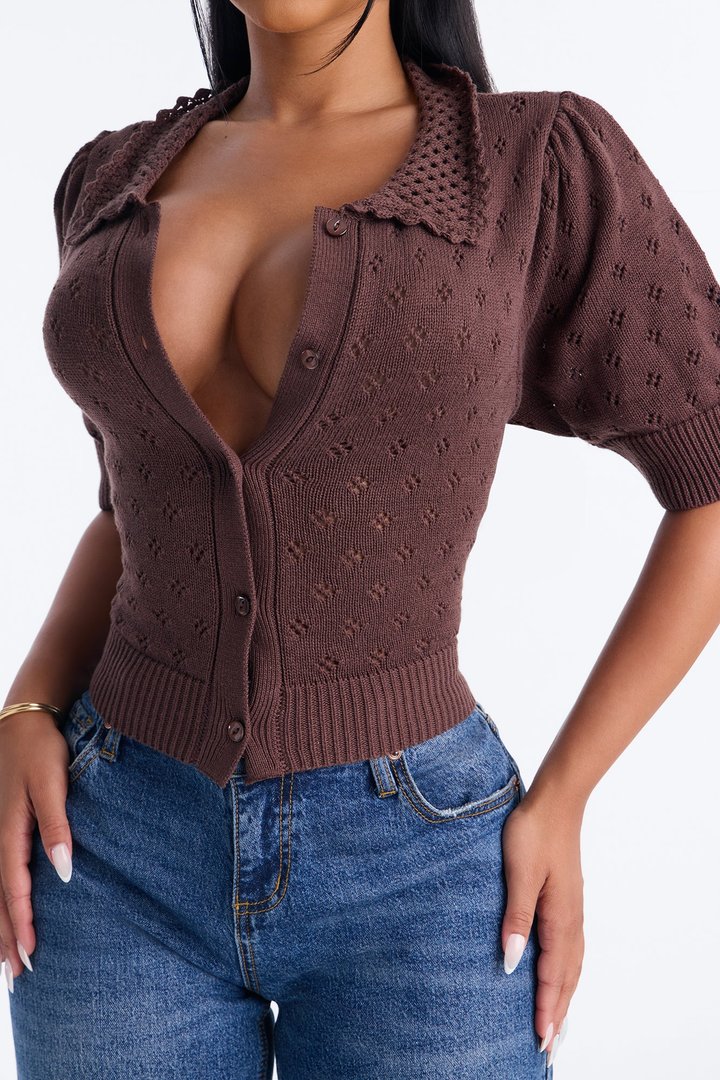 Flirty Pointelle Cardigan Sweater - Chocolate