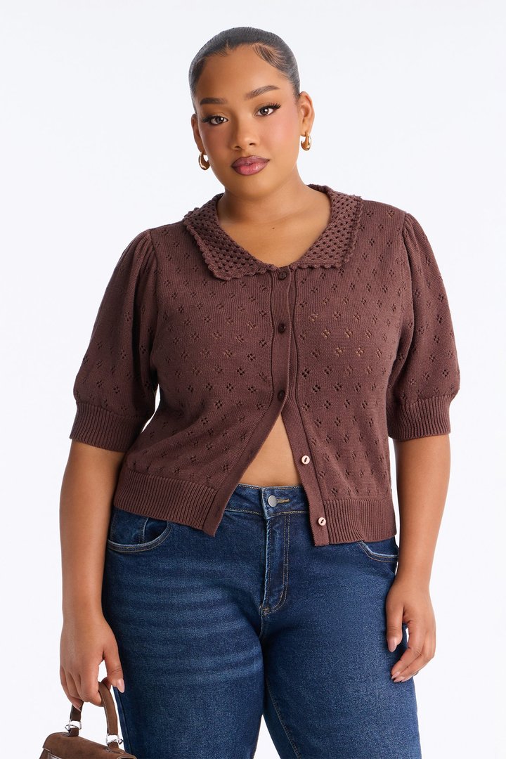 Flirty Pointelle Cardigan Sweater - Chocolate