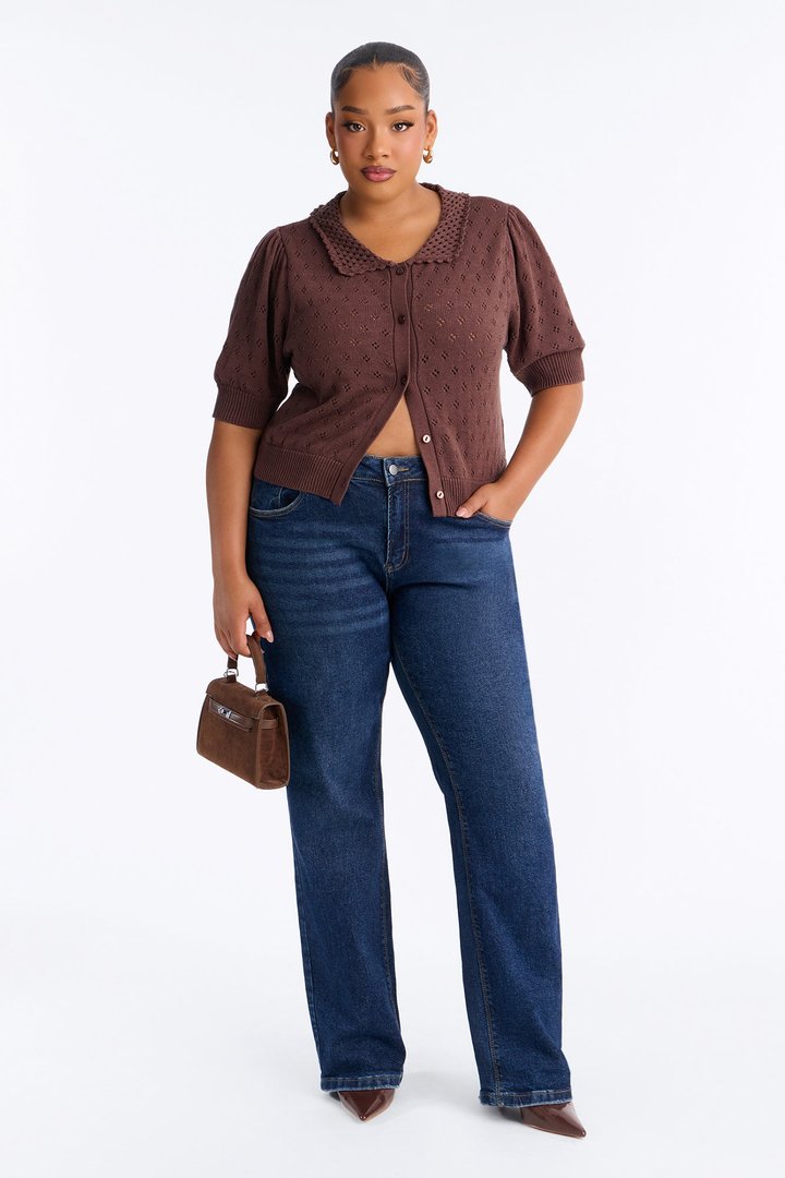 Flirty Pointelle Cardigan Sweater - Chocolate