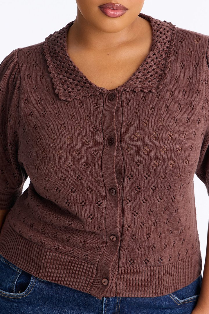 Flirty Pointelle Cardigan Sweater - Chocolate