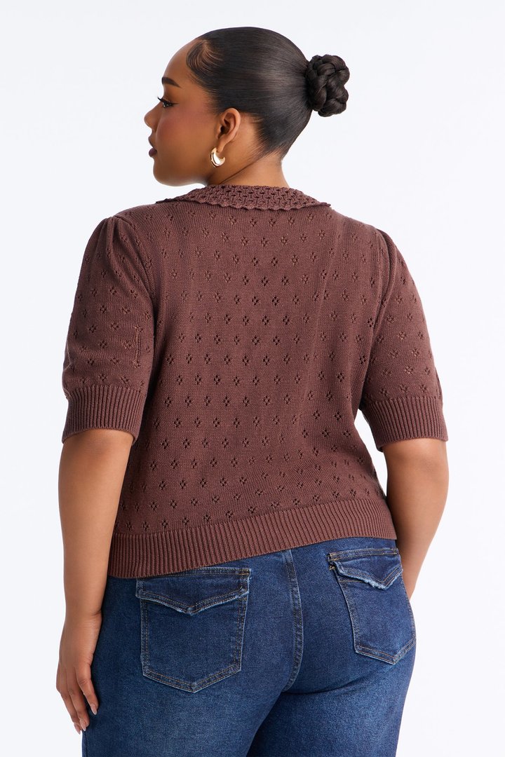 Flirty Pointelle Cardigan Sweater - Chocolate
