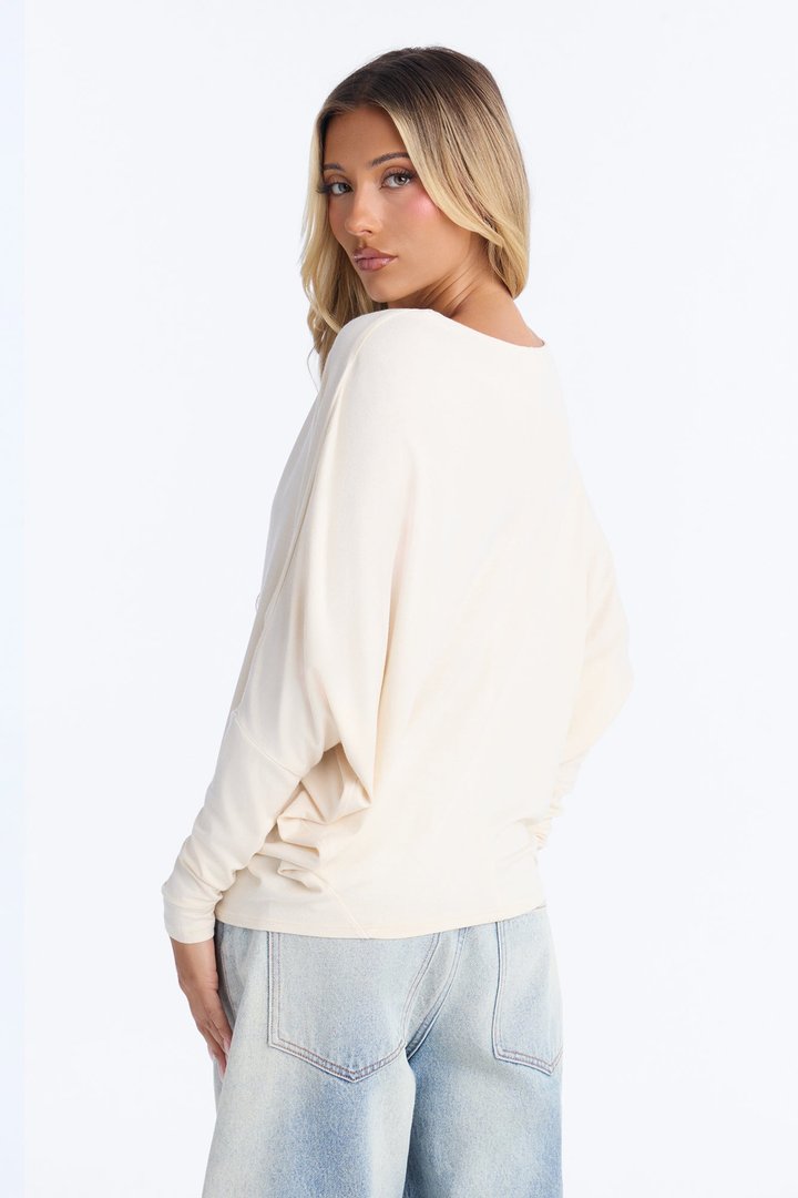 Luna Batwing Round Neck Top - Cream
