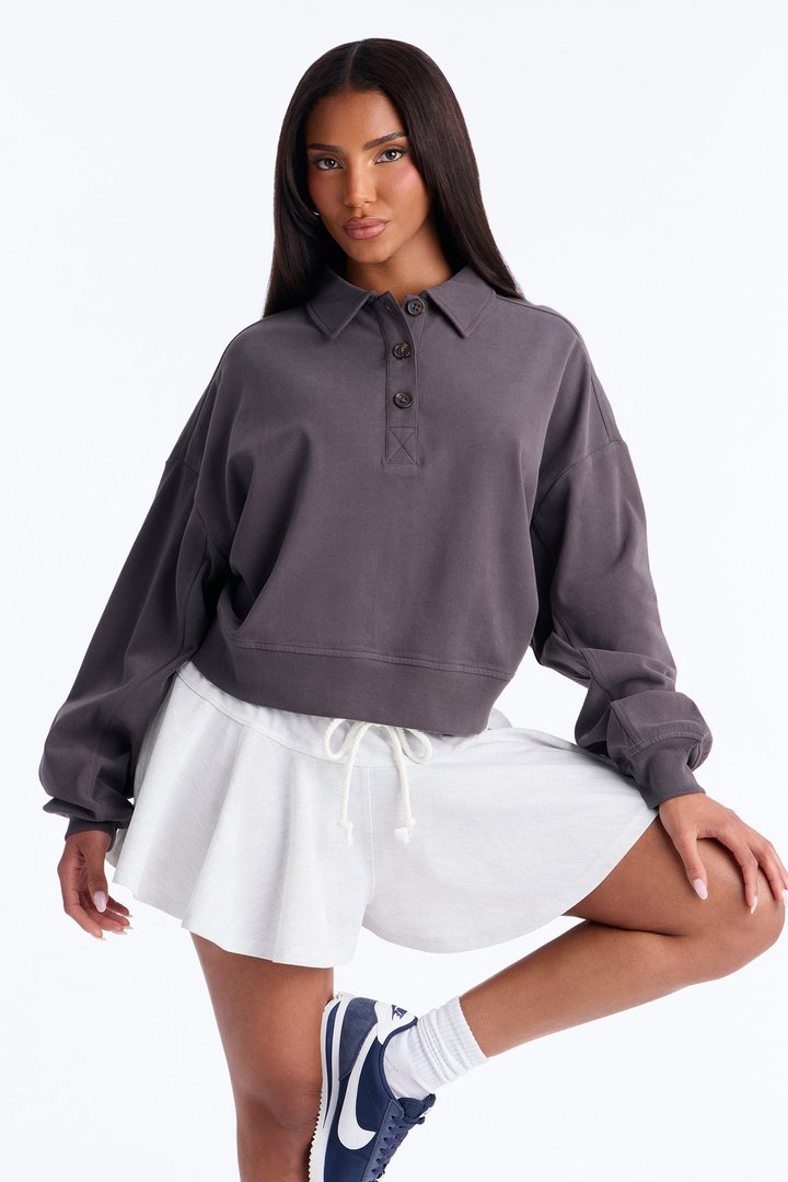 Alex Long Sleeve Button Up Polo Top - Charcoal